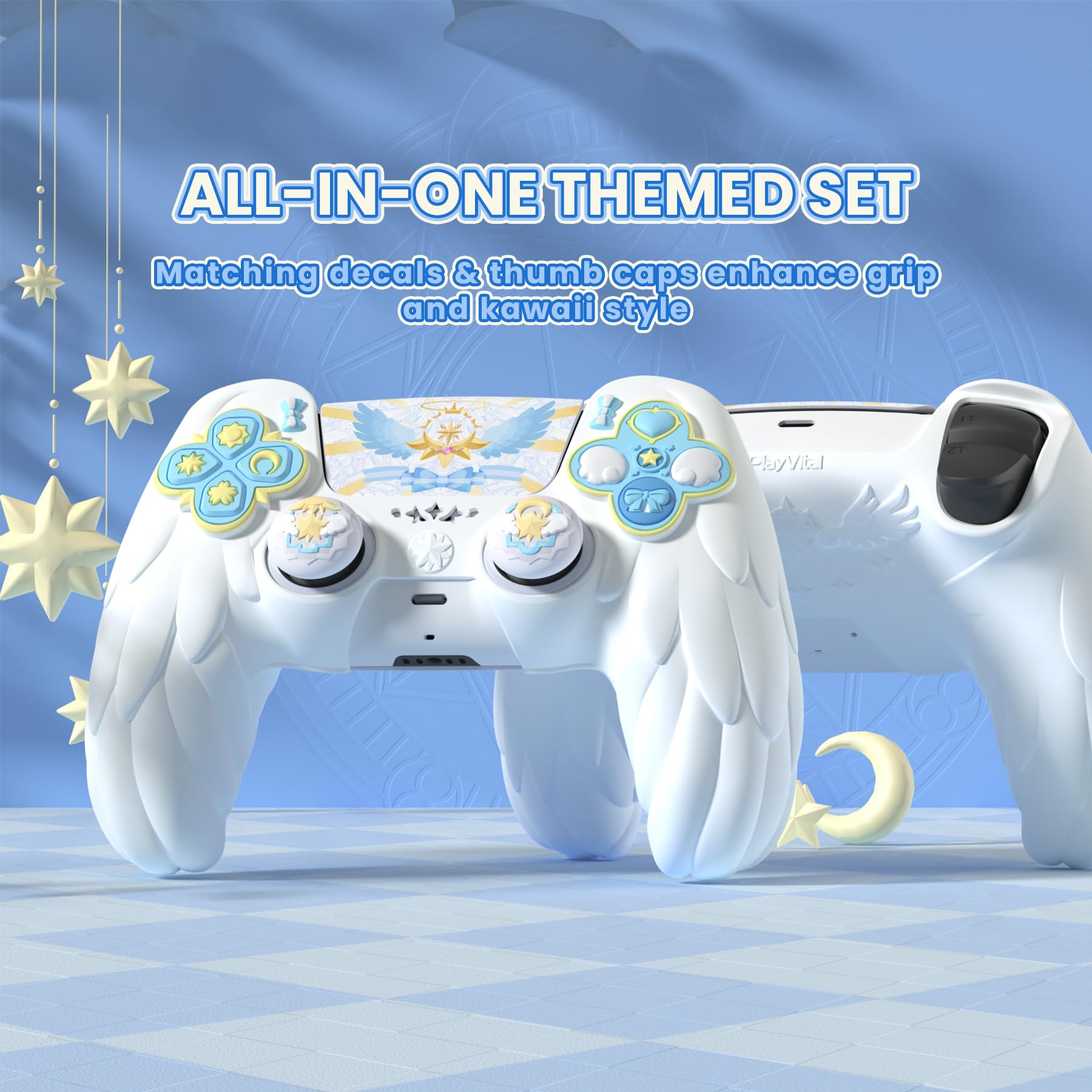 playvital Cover Controller per ps5 Joystick Custodia Silicone Skin Protettivo Grip Antiscivolo & Copri Analogici & Adesivi Carini, Adatto per ps5 Base di Ricarica, Ali Magiche-Bianco