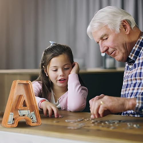 Miniatura 5 de Alcancía para niños y niñas, alcancía grande de letra de madera personalizada con diseño recortado, bancos de monedas con letras del alfabeto, caja