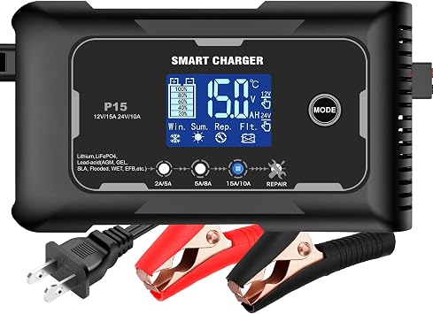 15-Amp Smart Battery Charger Lithium LiFePO4 & Lead-Acid, 12V/24V Rapid Automotive Car Charger with Temperature Compensation - Trickle Maintainer for Boat, Truck, RV, Lawn Mower, Marine