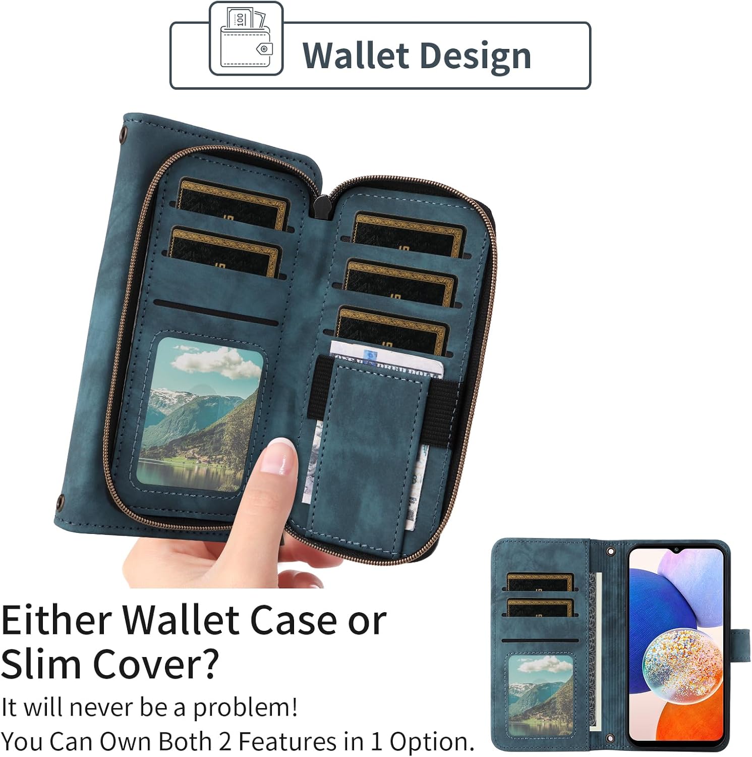 Phone Case for Samsung Galaxy A14/M14 5G Wallet Cell Cover with Tempered Glass Screen Protector Crossbody Lanyard Strap Flip Stand Zipper Purse Card Holder Slot Cash A 14 4G 14A 14M G5 Women Men Blue