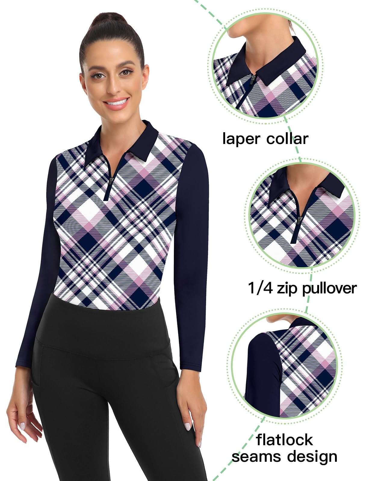 Womens Plaid Golf Shirts Thermal Long Sleeve Polo Shirts Fleece Golf Apparel Winter Golf Clothing(Large)