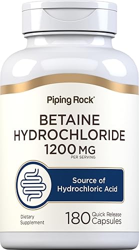 Piping Rock Cápsulas de betaína HCL  1200 mg  180 píldoras  Suplemento de clorhidrato  Sin OMG, sin gluten