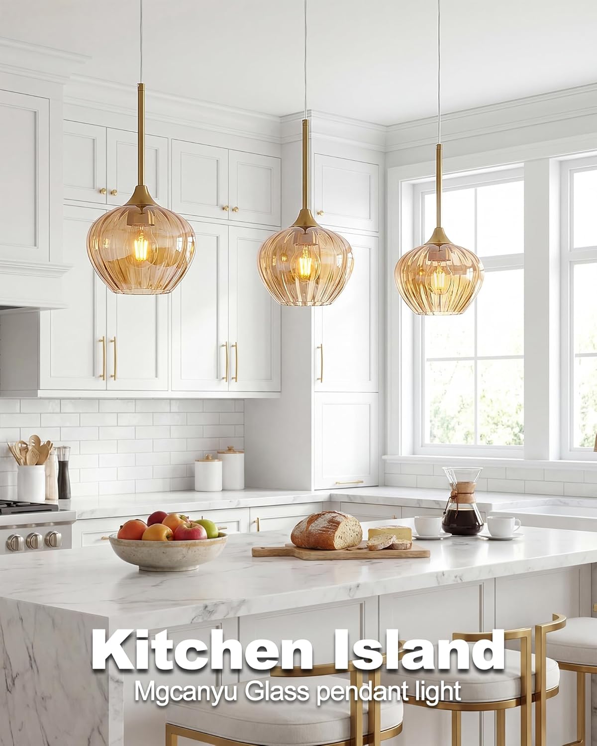 Amber Glass Pendant Lights Kitchen Island, 7" Vintage Adjustable Pendant Lighting Gold Hanging Light Fixtures for Kitchen, Dining Room, Sink, Bathroom