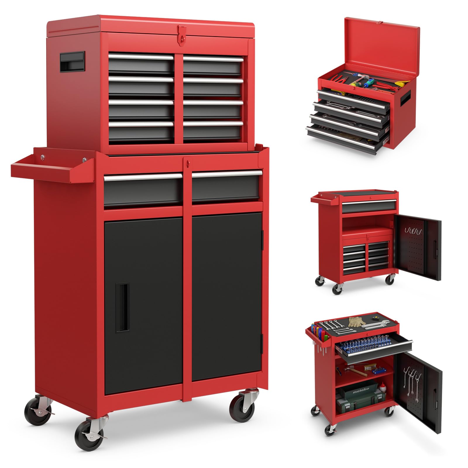 TANGZON Rolling Tool Chest, 2-in-1 Large Capacity Tool Cabinet with Wheels, 5 Drawers & Auto-Locking System, Heavy-Duty Metal Toolbox for Workshop, Warehouse, Garage (Black + Red)