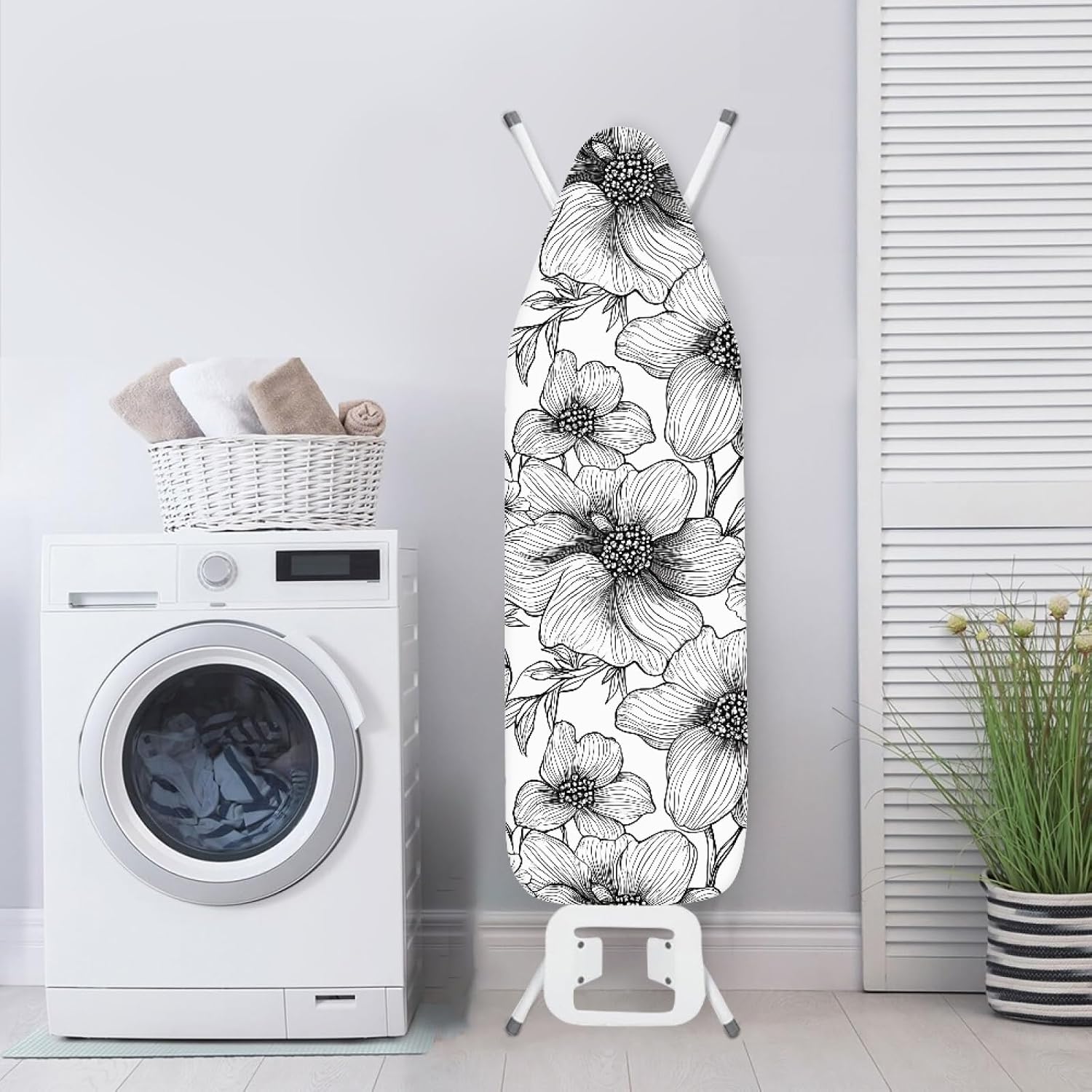 Padded Ironing Board Covers 18 X 49 Grey White Flower Ironing Board Pad and Cover Thick Replacement Drawstring Tightening & Lock, Easy Fit, Scorch & Stain Resistant, Non Slip