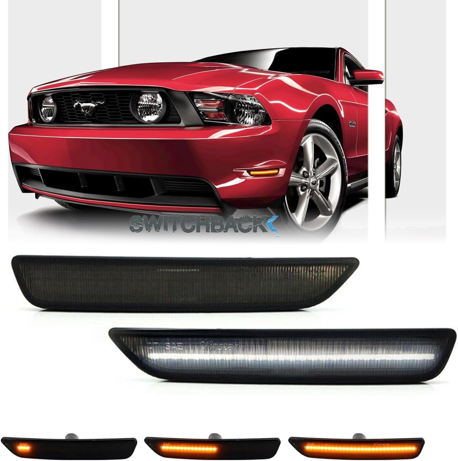 Switchback Sequential LED Side Marker Lights for Ford Mustang 2010-2014, Smoked Lens Front Bumper Amber Turn Signal Reflectors and White DRL