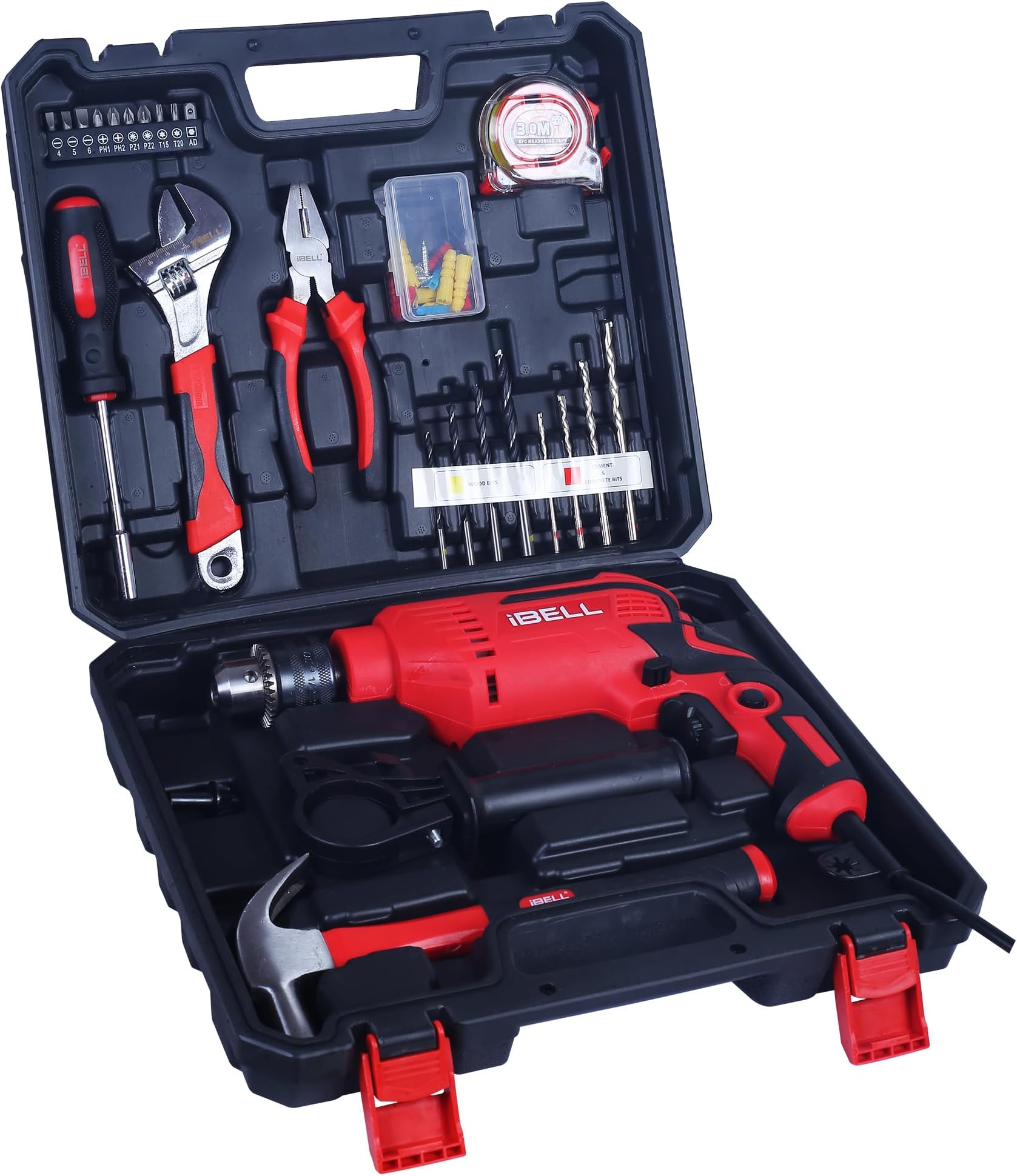 - iBELL Professional Tool Kit with Impact Drill TD13-85, 650W, Copper Armature, Chuck 13mm, 59 Home Essential Tools/Accessories with RED/BLACK BMC box.
