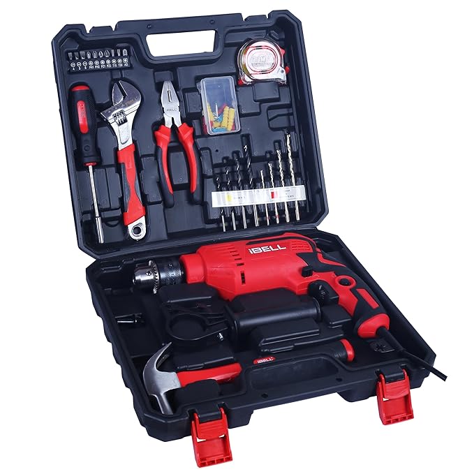 IBELL Professional Tool Kit with Impact Drill TD13-85, 650W, Copper Armature, Chuck 13mm, 59 Home Essential Tools/Accessories with RED/BLACK BMC box