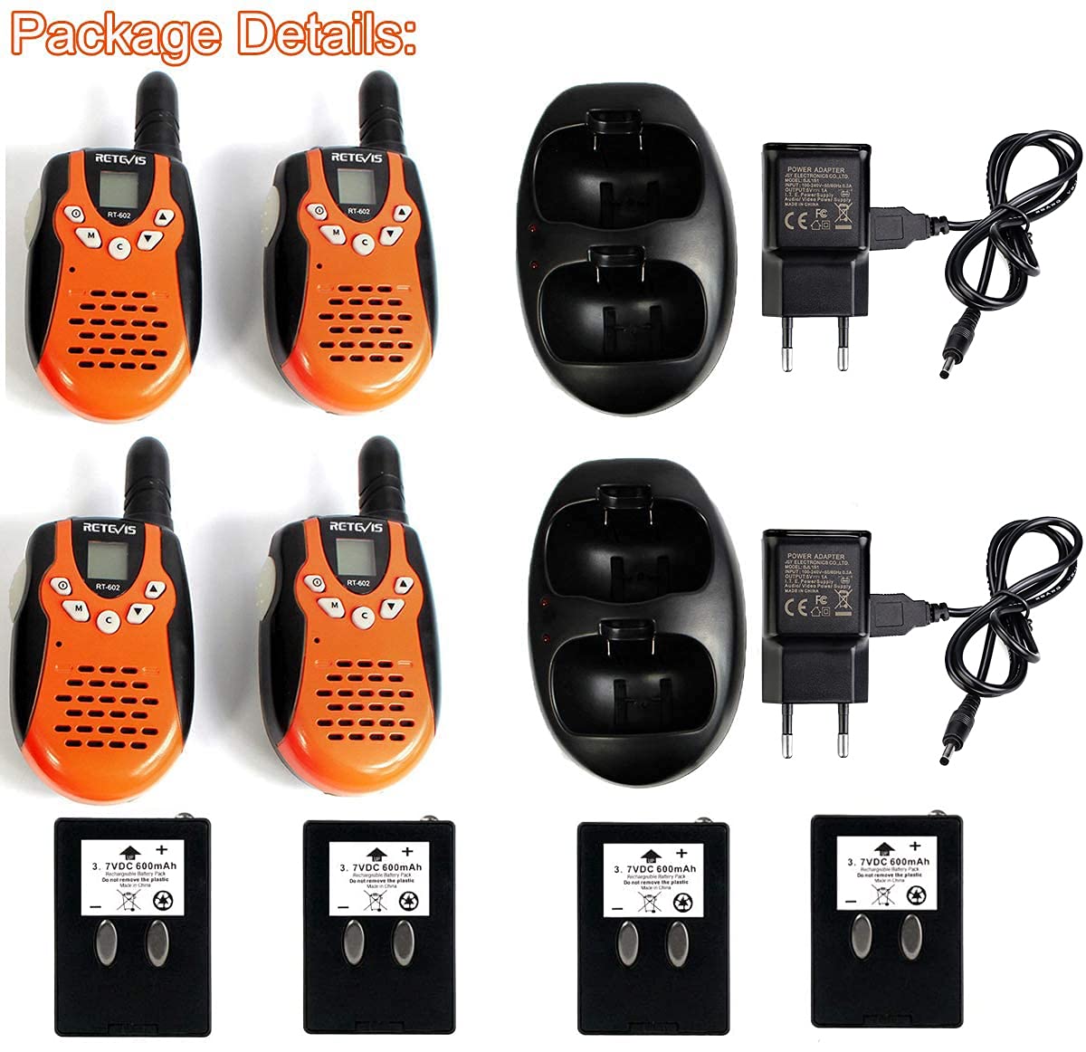 Retevis RT602 Walkie Talkie dzieci, radiotelefon dla dzieci z akumulatorami wielokrotnego ładowania, latarka, wyświetlacz LCD, zabawka Spy-Gear prezent dla dzieci (2 pary, pomarańczowy)