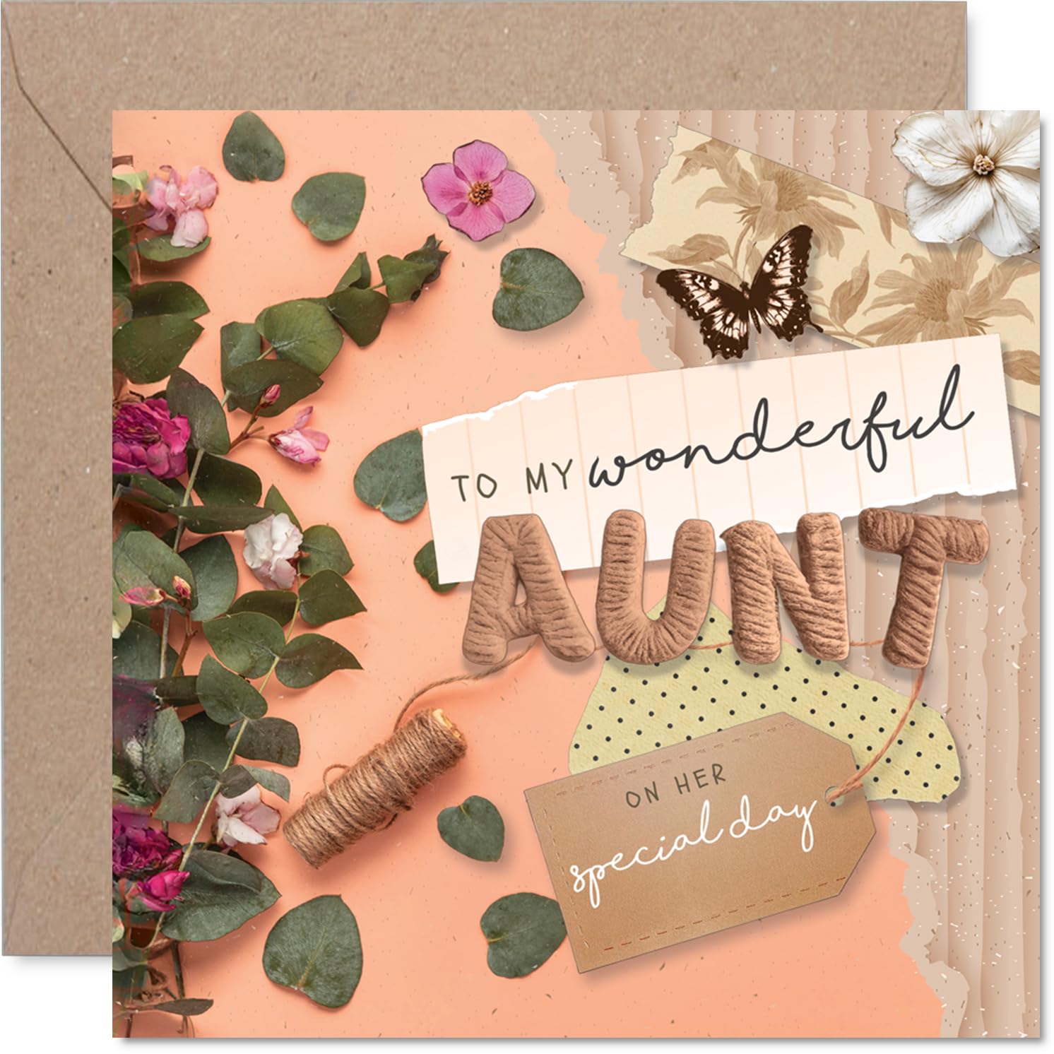 Heartfelt Birthday Card for Aunt - Aunt, You're Blooming Marvellous - Peach Floral Design with Butterfly, Mother's Day - 145mm Square, Envelope Included
