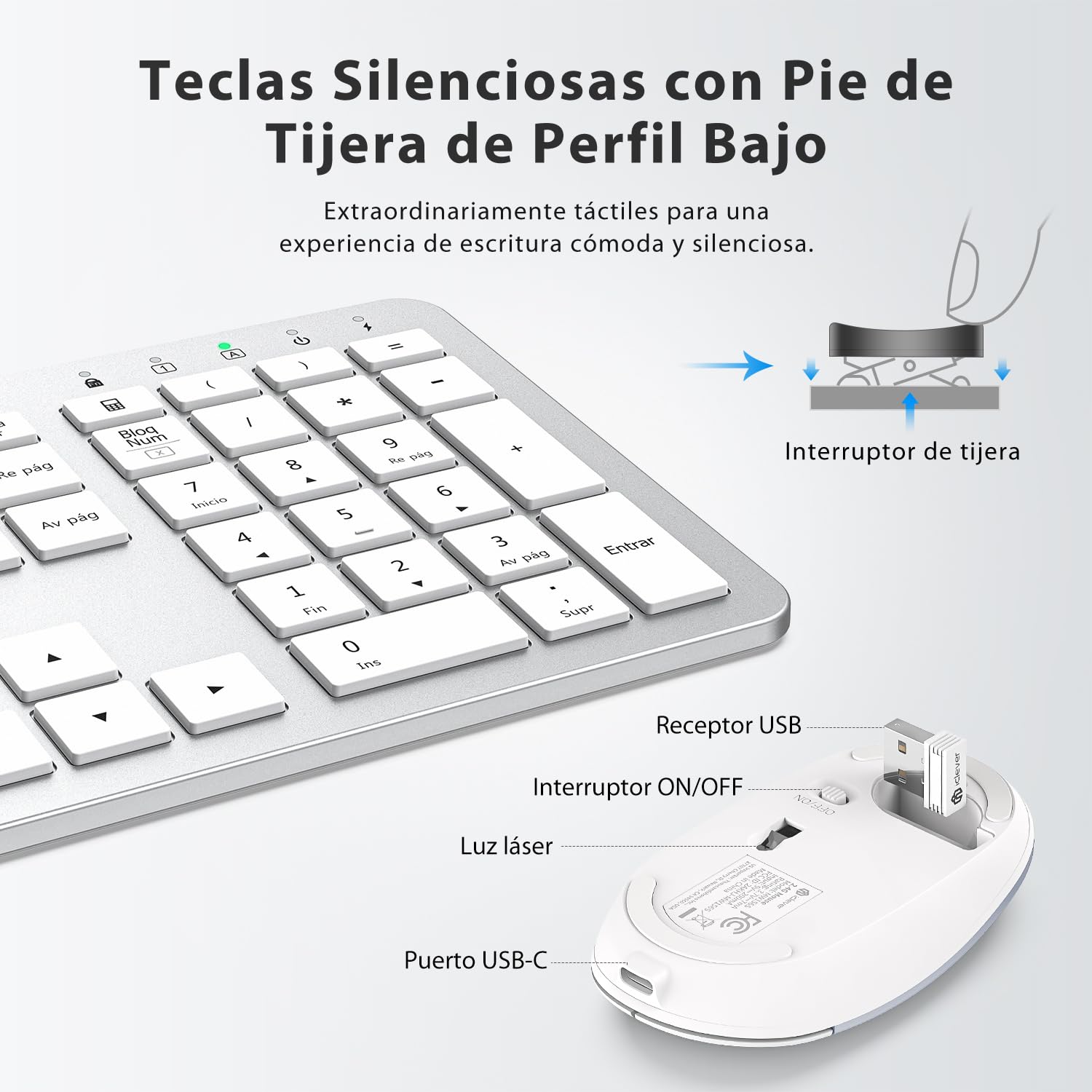 iClever Teclado y Ratón Inalámbrico GK08 Recargable Teclado Ergonómico Silencioso Diseño de Tamaño Completo con Teclado Numérico 2.4G Conexión Estable Teclado y Ratón Mac Delgado para Windows/Mac