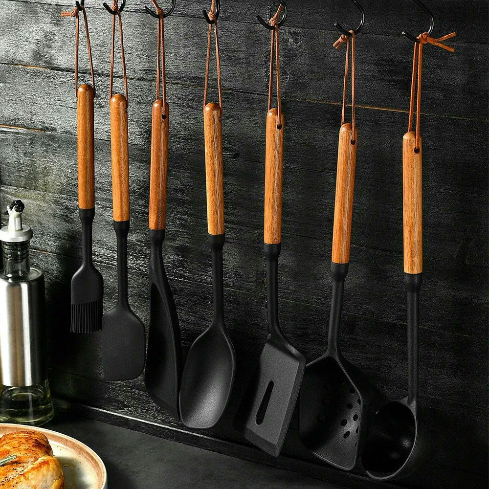 WLDMA Ustensiles de cuisine en silicone de qualité alimentaire Noir 1/7 pièces Spatule Cuillère Brosse à huile Outil de cuisine pratique Ustensiles de cuisine