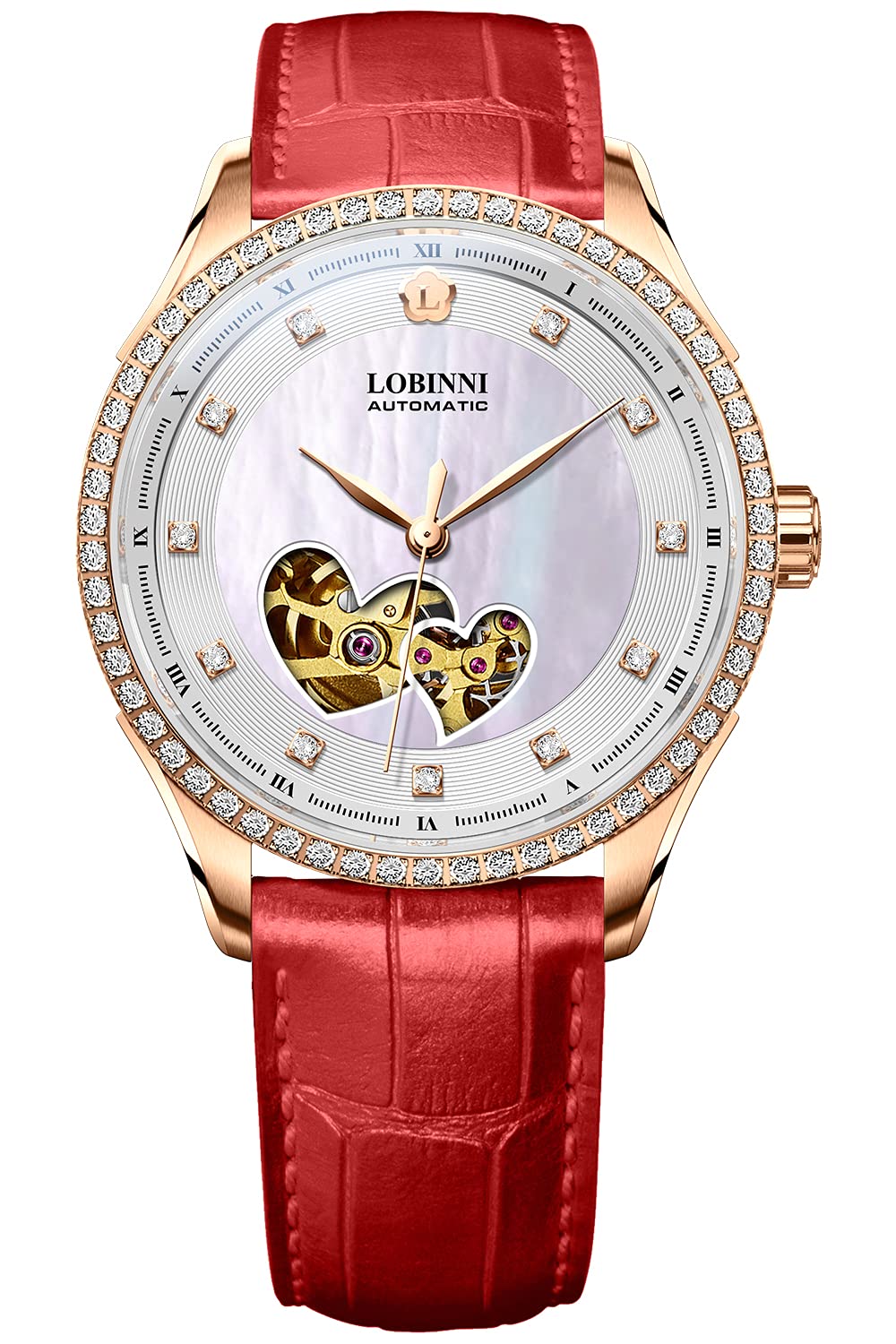 LOBINNI Damenuhr Edelstahl Skelett Automatik Mode Mechanisch Analog Diamant Luxus Elegant Weihnachten Valentinstag