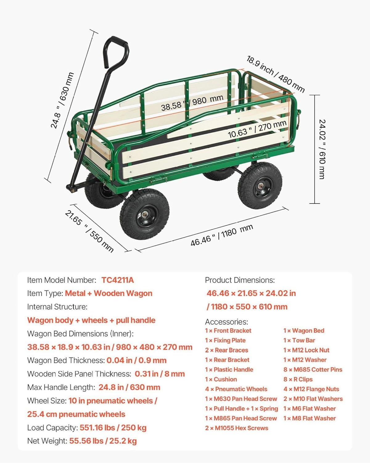 Wagon, 39in Pull-Along Wagon with Wooden Sides & Handle, 551lbs Capacity, 10” Tires - Outdoor Utility Wagon for Beach, Camping, Gardening