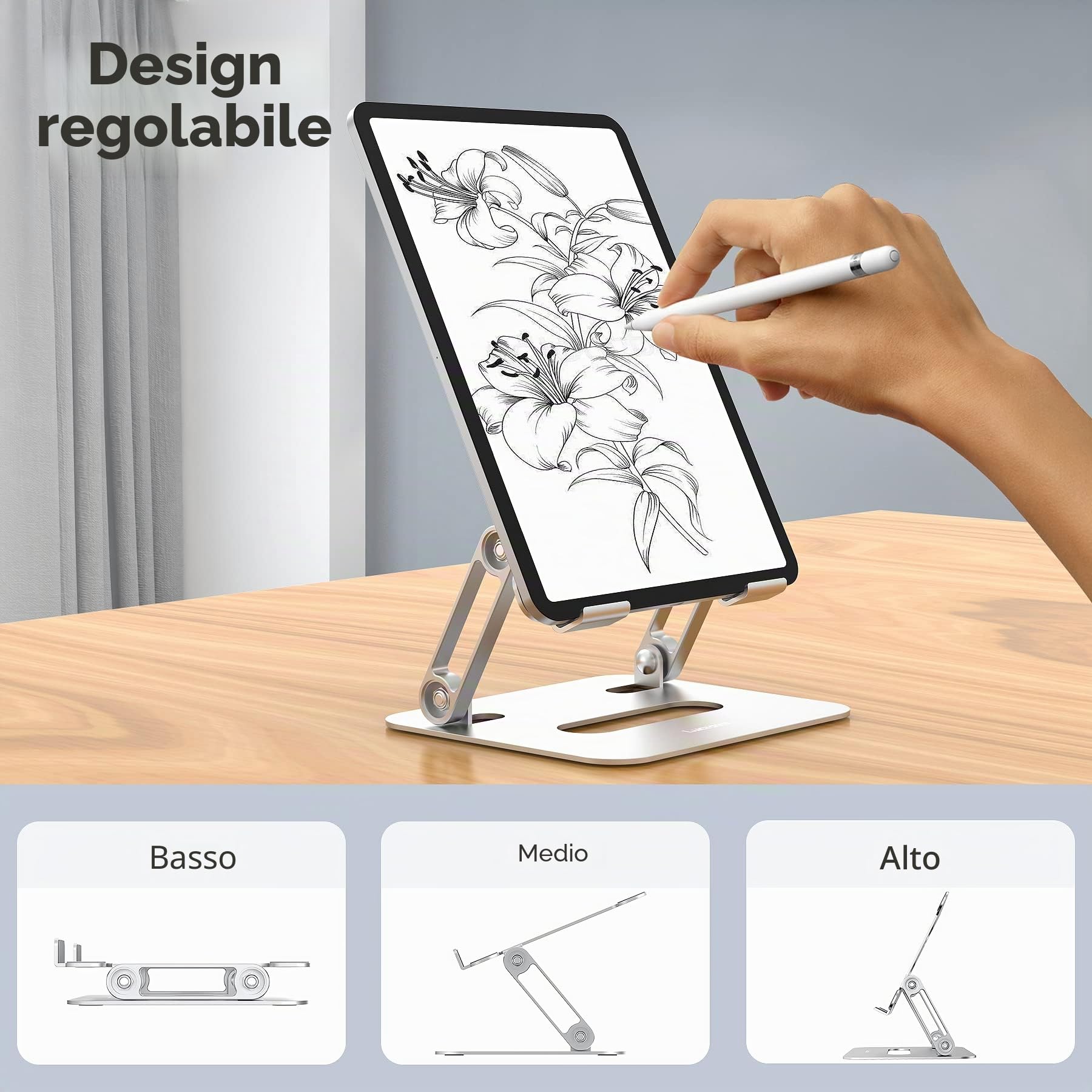 Supporto per tablet per scrivania, regolabile pieghevole in alluminio da tavolo compatibile con tablet come iPad Pro 9.7, 10.5, 13 Air Mini 4 3 2, Kindle, E-Reader (4-13 pollici),Argento