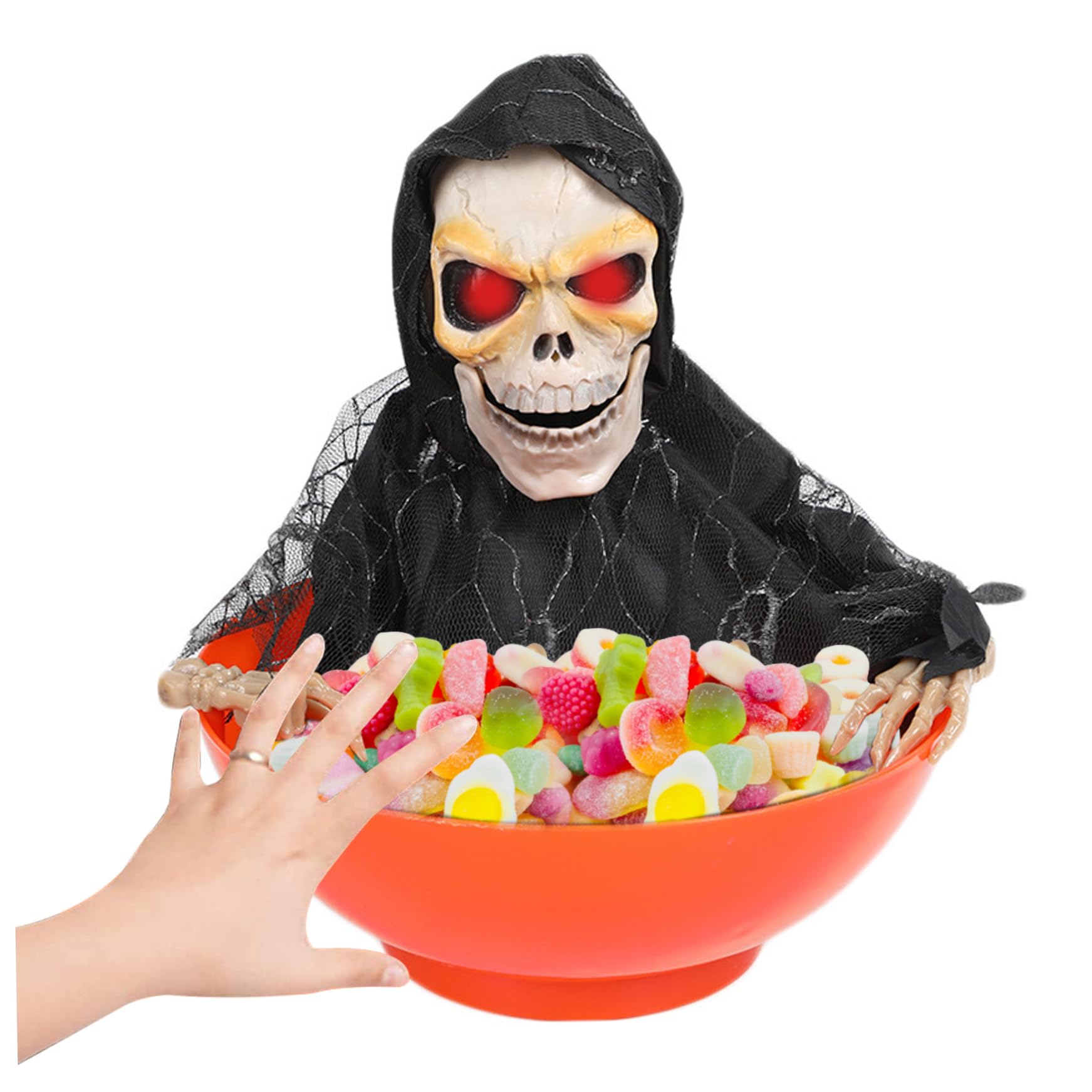 Cndiyald Animated Candy Dish with Motion Activated Sensor Waterproof Halloween Skull Bowl with Light up Red Eyes for Haunted House (Battery Not Included) Practical Jokes