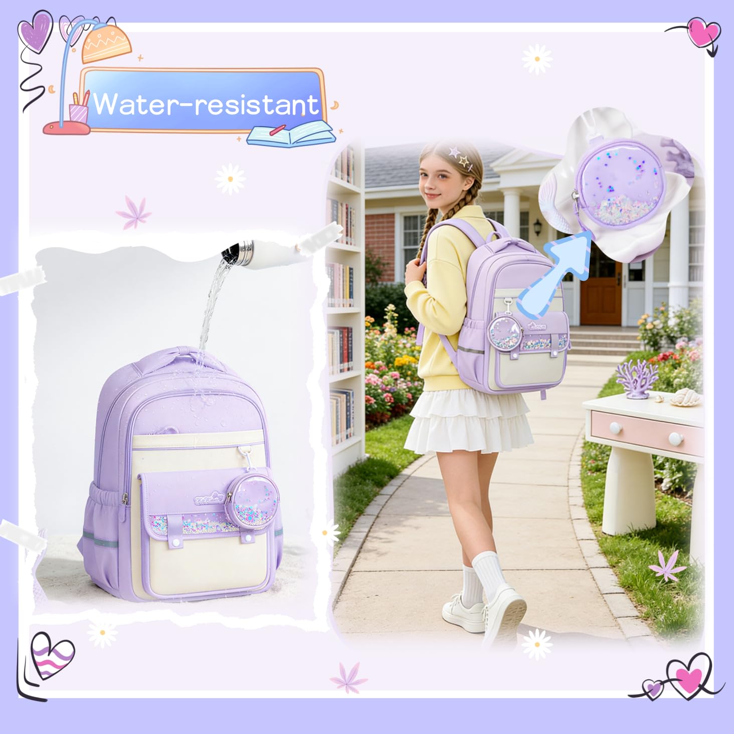 Zaino per bambini per la scuola elementare per ragazze e bambini, grazioso zaino con portamonete scintillante, Viola, L, Classico