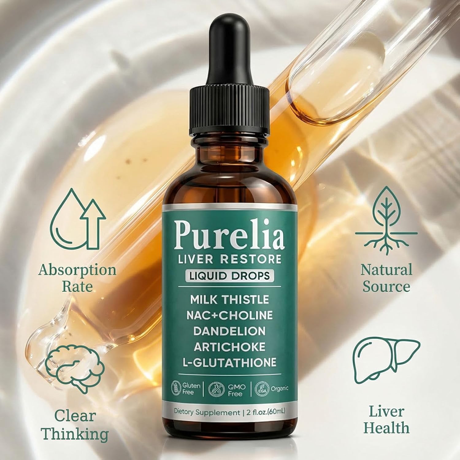 Purelia Liver Restore Drops – Complete Liver Detox Support Supplement with Milk Thistle, Dandelion & L-Glutathione for Liver Cleanse & Digestion Aid Health, 2 Fl Oz (1)