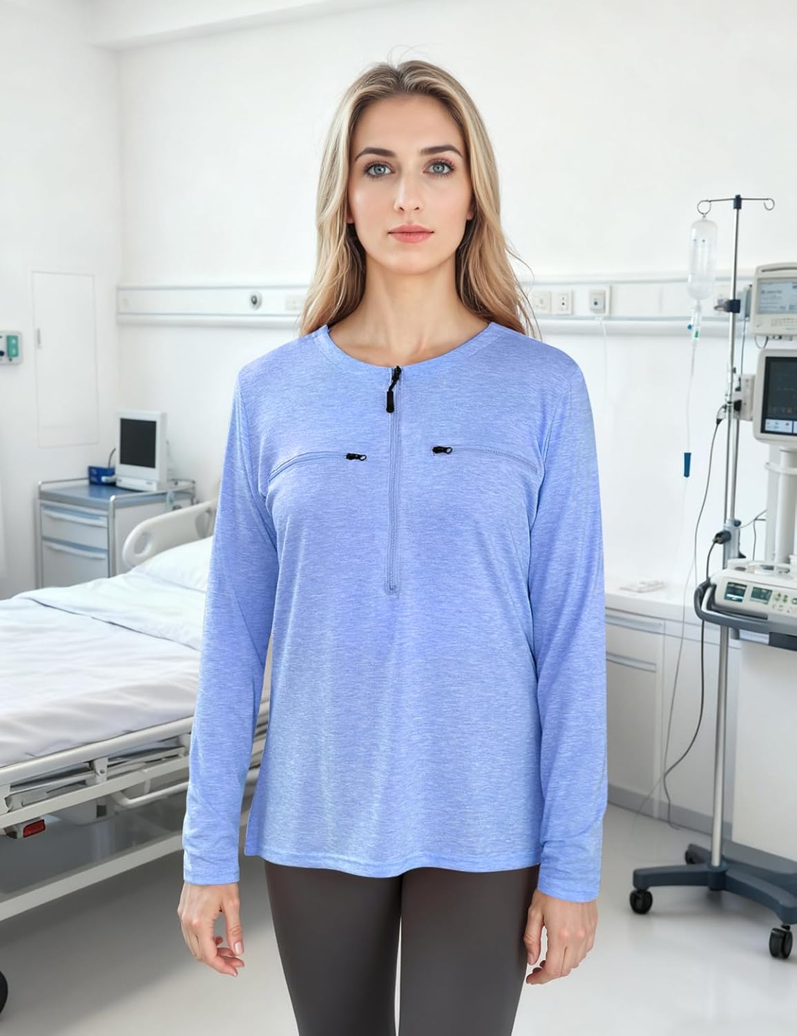 Chemo Port Shirts for Women 2 Side Snaps Long Sleeve Wear Post Surgery Recovery Tee Snap Tear Away Side Zippers Off Shirt - Image 3