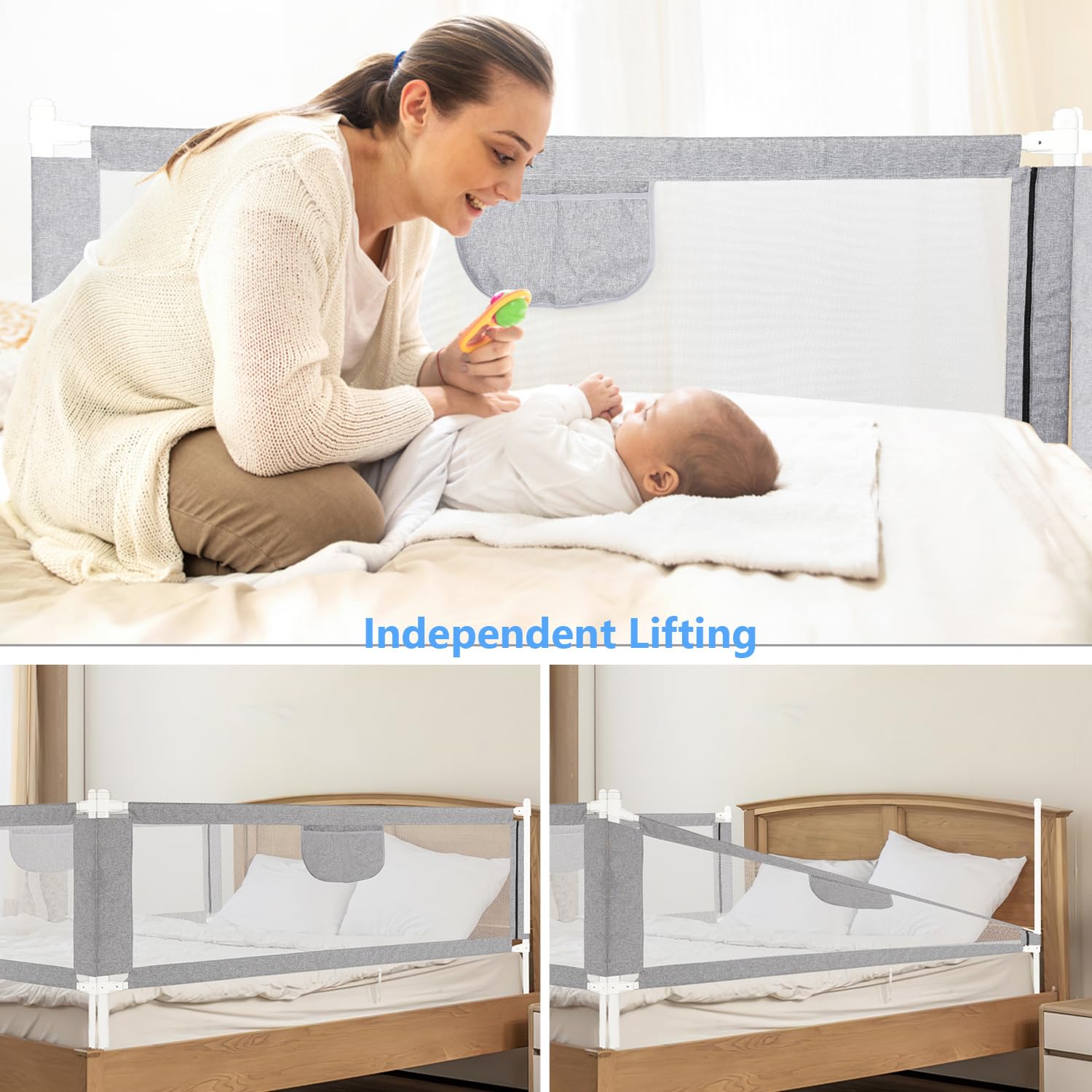 Griglia di protezione per letto da 180 cm, altezza regolabile 64 – 96 cm, con rete traspirante per bambini e letti dei genitori, stabile, colore: grigio