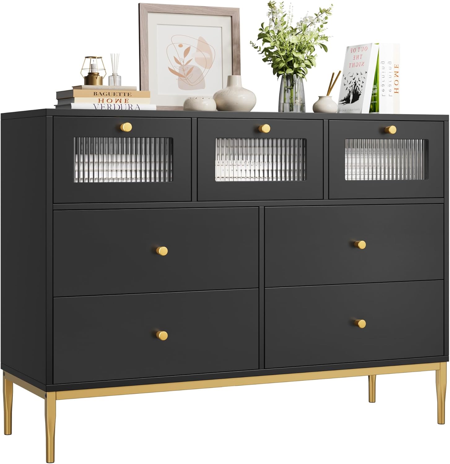 Black Dresser, 43.3" Long Dresser 7 Drawer