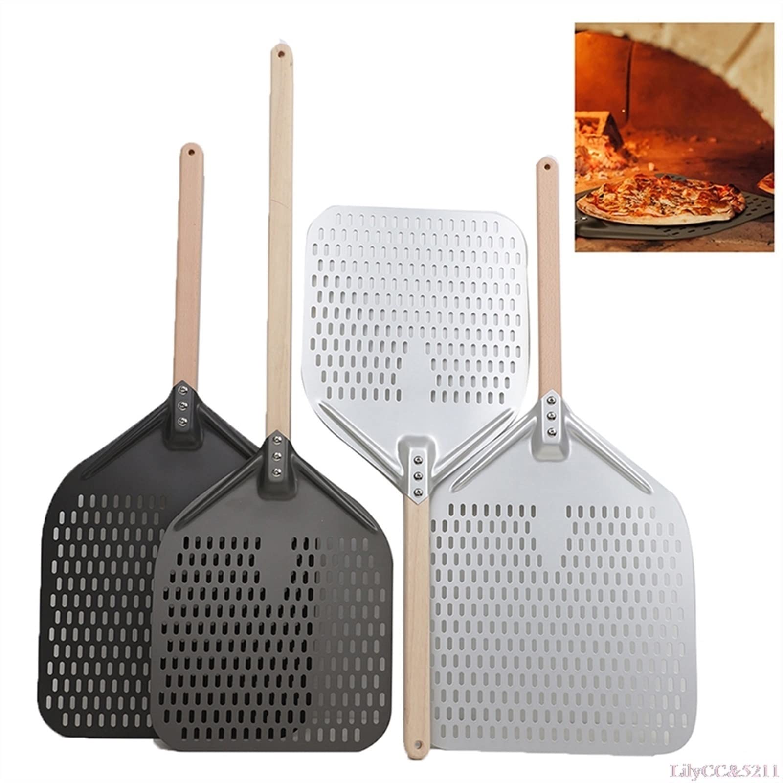 Espátula de Horno portátil de 12/14 Pulgadas Herramienta de repostería para Hornear en el hogar Mango de Madera Espátula de Pizza Pala de Pizza con Mango Largo (Color : E) (B)