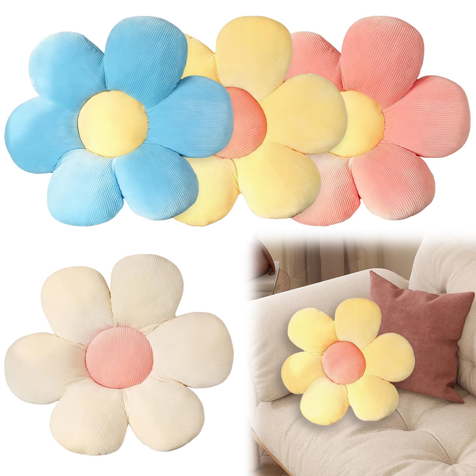 Rthynti Flower Pillow, Daisy Cushion, 4PCS Flower Cushion, Flower Shaped Throw Pillow Decorative for Car Home Sofa Chair and Floor (Yellow, Pink, White, Blue)