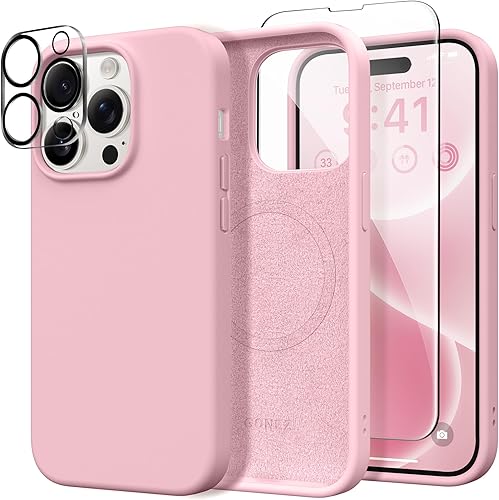 Miniatura 124 de GONEZ Funda de silicona para iPhone 14 Pro Max, compatible con MagSafe, con protector de pantalla + protector de lente de cámara, silicona líquida a