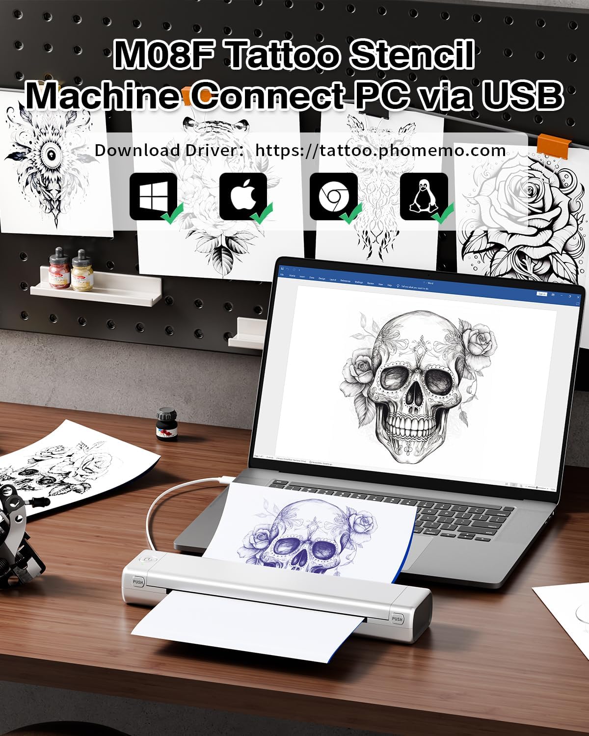 Phomemo M08F Bluetooth Tattoo Stencil Printer & Tattoo Transfer Paper - 110 Sheets A4 Size Portable Stencil Printer for Tattooing, Compatible with Smartphone & PC, Silver