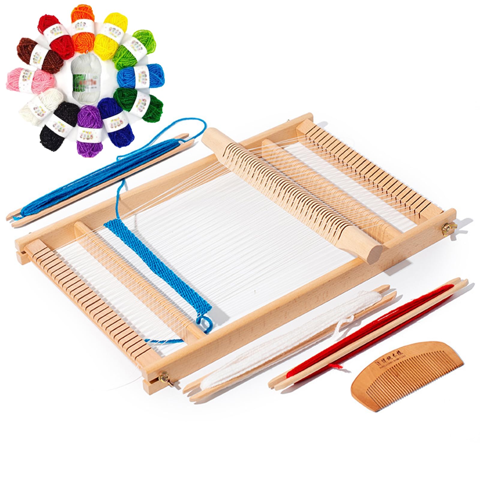 Grand Cadre à Tisser en Bois, Métier à Tisser Manuel Multicréation avec Écheveaux de Fil Doré et Fil de Chaîne, Cadre de Tricot à la Main pour Art Mural Décoration Intérieure Projets Créatifs