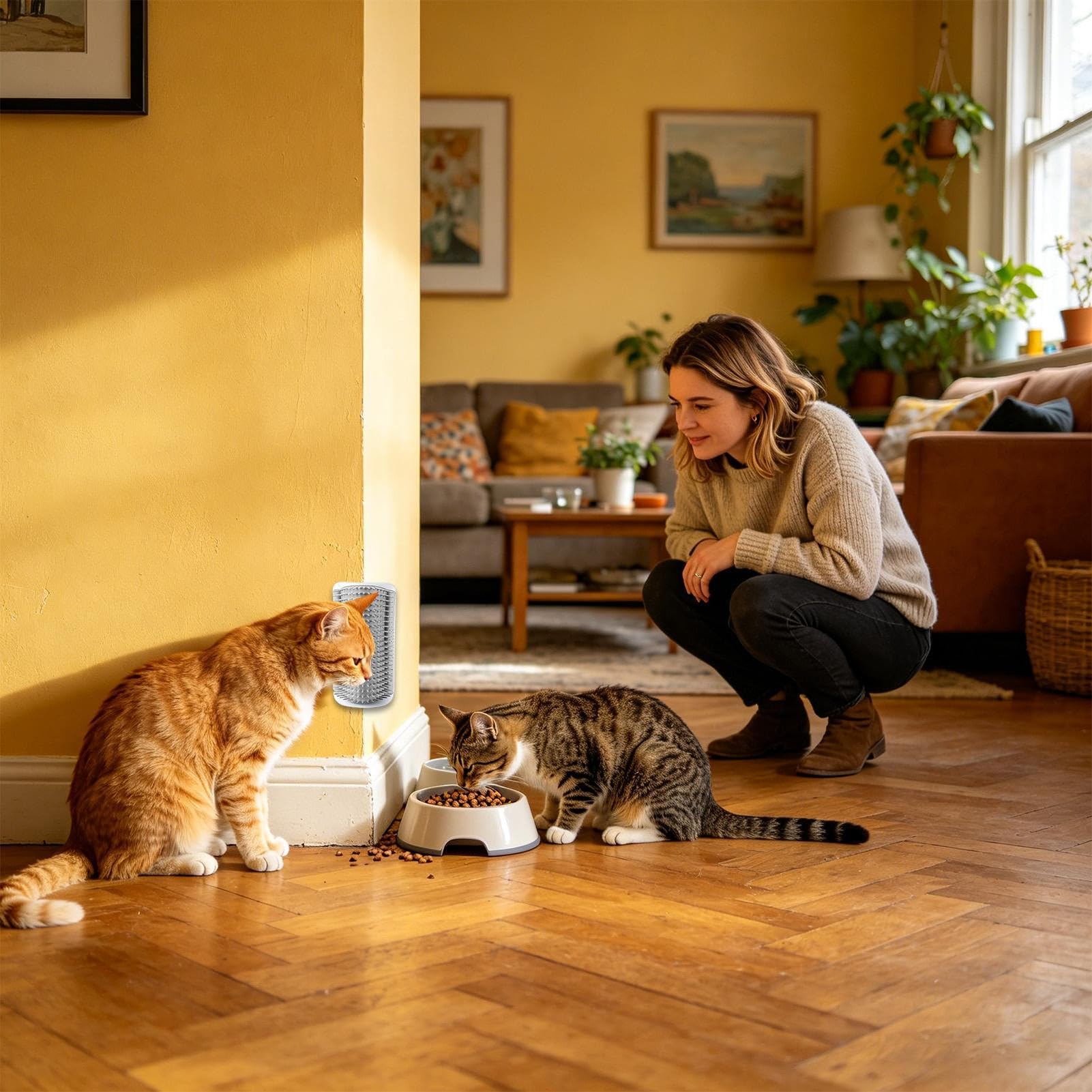 Brosse de toilettage automatique pour chat, ensemble mural d'angle, système de peigne de massage pour chats d'intérieur avec design anti-stress, griffage et nettoyage, outil léger pour animaux de
