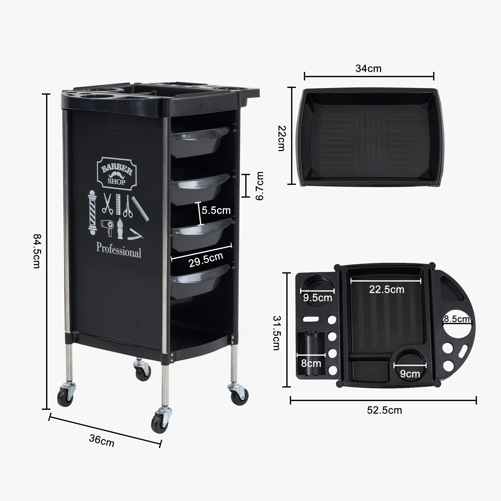 Barberpub Friseurwagen mit 4 Schubladen und Rollen, Drehbar, 36 x 52,5 x 84,5 cm, Schwarz