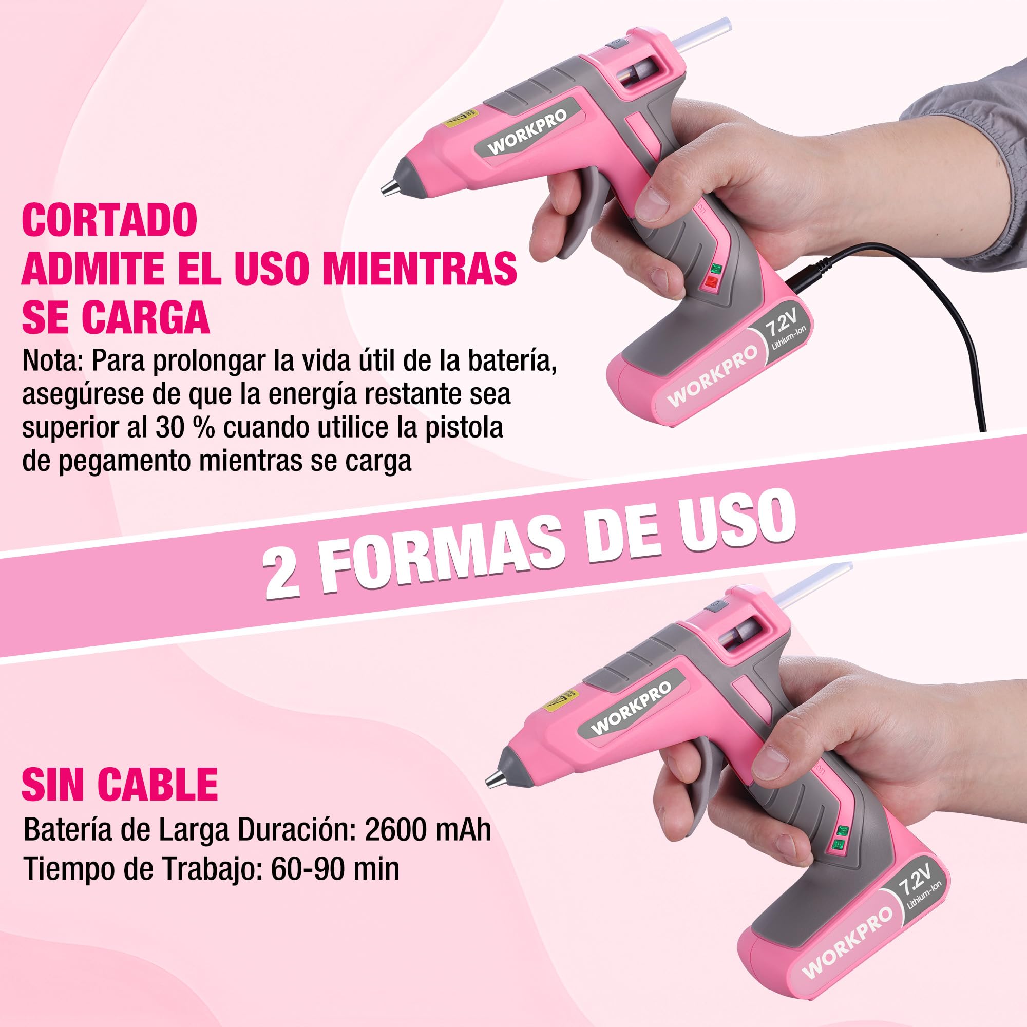 WORKPRO Pistola de Silicona 7,2 V Inalámbrica y con Cable, 20 Barras Incluidas, Calentamiento Rápido 30 s, Flujo Constante de Pegamento, Carga USB-C, para Manualidades y Reparaciones | Calentamiento Rápido en 30s con Flujo Constante para Manualidades, Rep