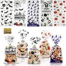 Halloween Bags, 5 Patterns, 100 Pieces, 100 Ribbons Included, Halloween Wrapping Bags, Transparent, Halloween, Sweets, Divided Bags, Presents, Gift Bags, Candy Bags, Halloween Characters, Wrapping