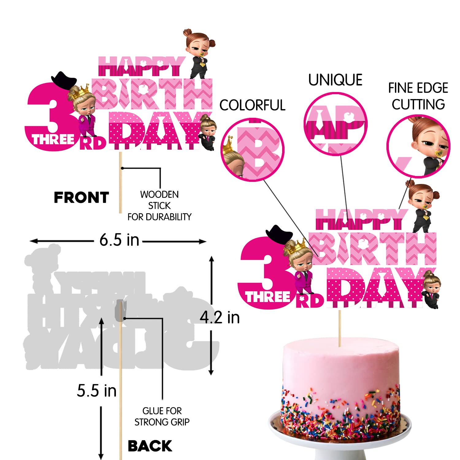 Zyozique Girl Baby Boss 3rd Party Supplies, Boss Baby Birthday for Girls with Happy Birthday Paper Banner Cake Topper Cupcake Toppers Balloons(Pack of 37) 2