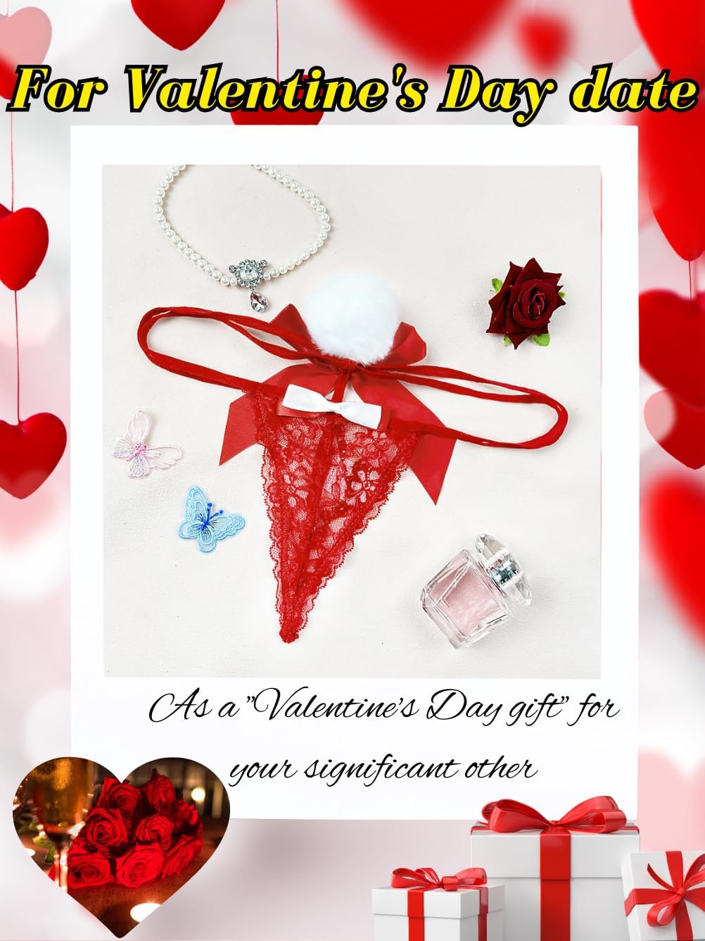 Sexy Bow Panties With Pompom,Lace G String Thongs For Women,Lingerie Underwear Christmas Valentines Wedding Night - Image 5