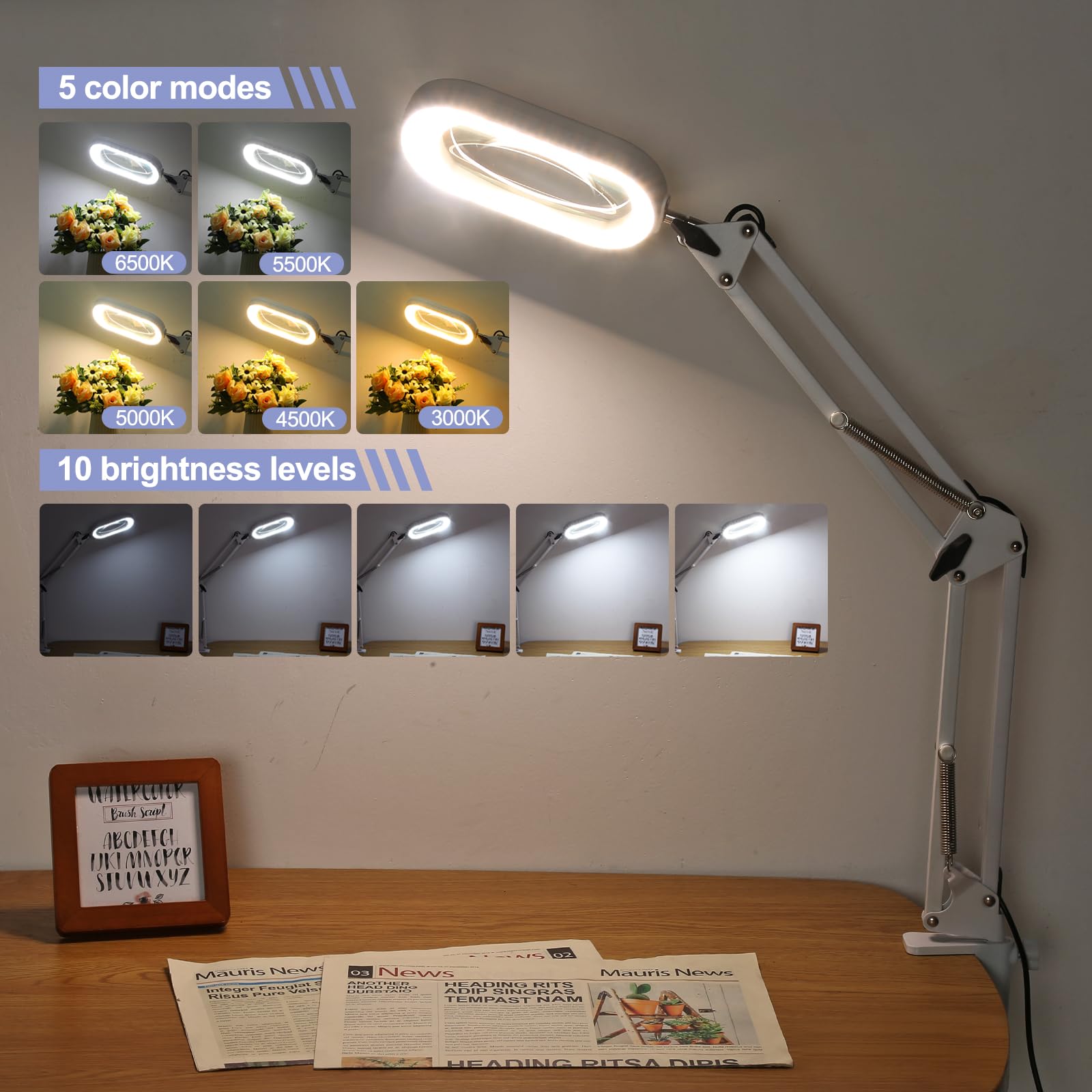 Drdefi Lupa cuadrada con luz y soporte, lupa de cristal real con luz LED, 5 modos de color regulable, lámpara de escritorio manos libres con abrazadera para leer, manualidades, trabajos cercanos