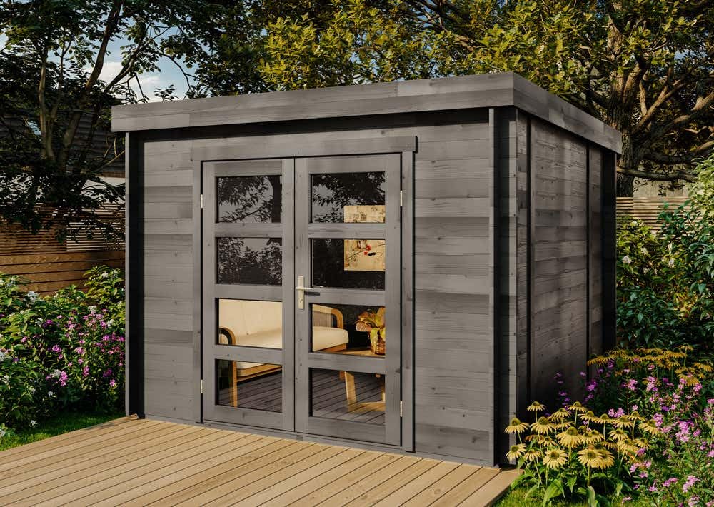 Alpholz Gartenhaus Paloma Sol aus Holz 298x298cmin Anthrazitgrau mit 28 mm Wandstärke inkl. Fußboden