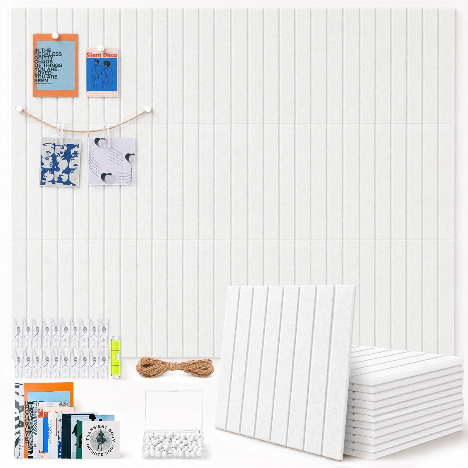 TruuNotion 12 Pcs Felt Pin Board Self Adhesive, 48 x 36 inch Notice Board Tiles 0.9cm Thick Vision Board with 96 Nano Pads, 100 Push Pins, Cork Board Alternative for Office, Kitchen, Home (White)