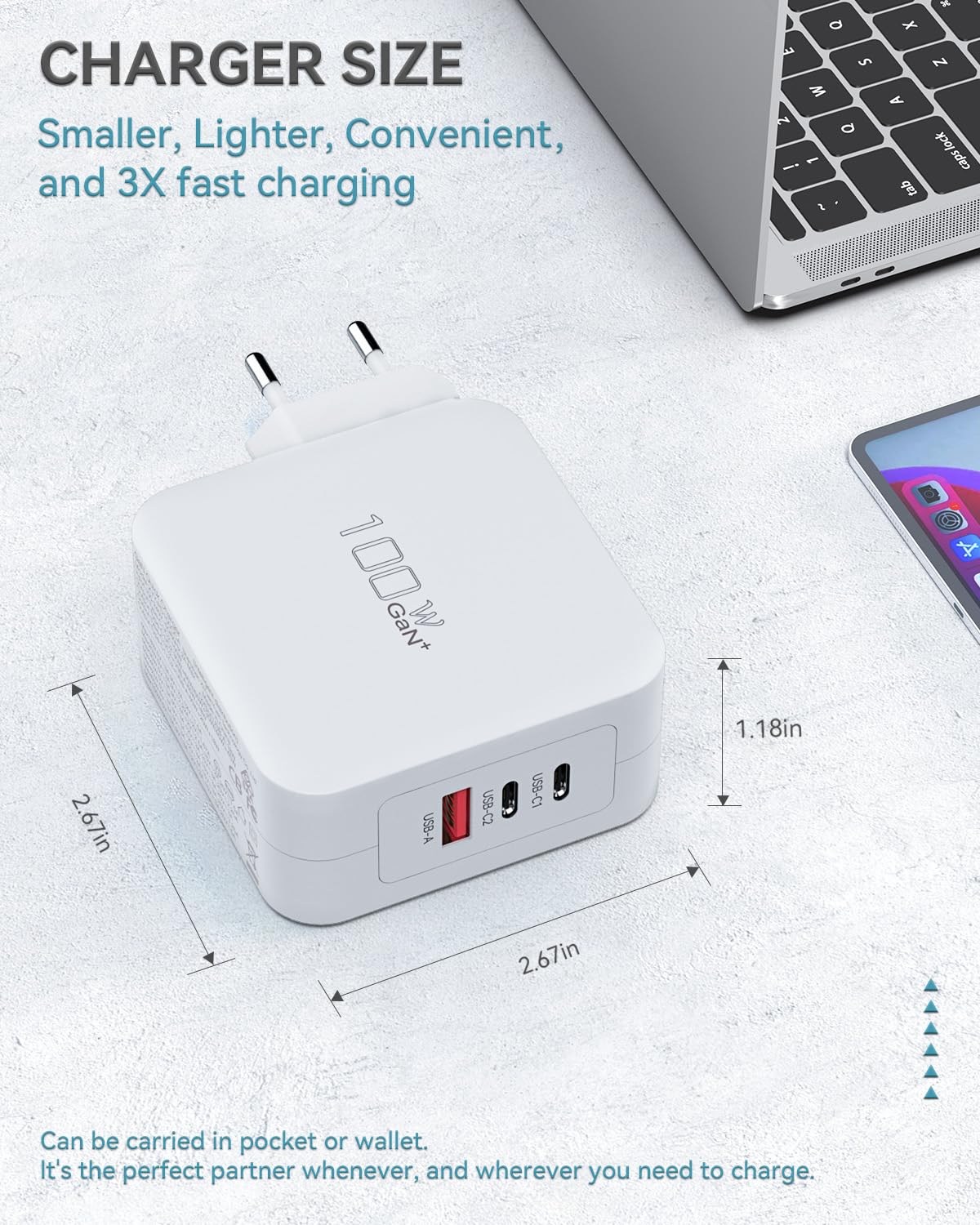 BIUBOTY Ładowarka USB C, 100 W, zasilacz 3-portowy, GaN PD, ładowarka z szybką ładowarką PPS, kompatybilna z MacBookPro, MacBook Air, iPad, iPhone 14/14 Max/13/12, S22, S21 i innymi, biała