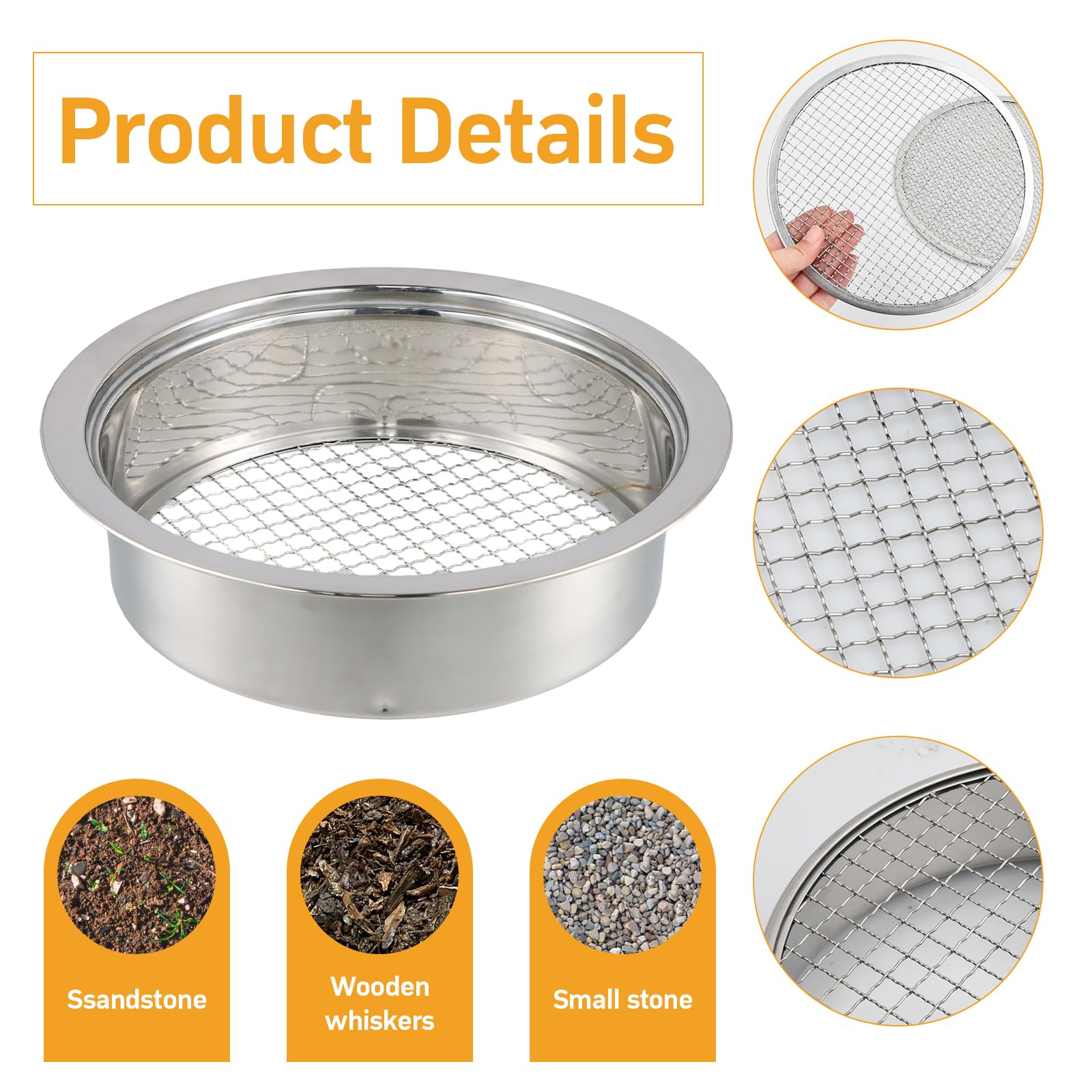 Setaccio Giardino, Colino da giardino in acciaio inox, Setaccio da giardino 3 in 1 in acciaio inox, con 3 Inserti Intercambiabili 3mm 6 mm 9 mm Setaccio Rotondo in Acciaio Inox, Setaccio per Compost