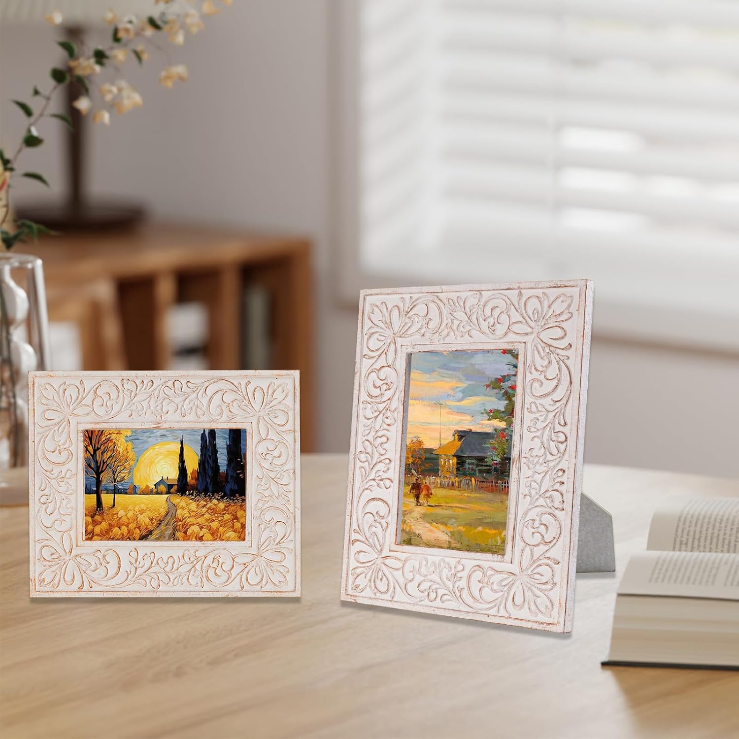 5x7 White Picture Frame, Antique Resin Floral Carved Ornate Photo Frame, Vintage Decorative Picture Frames for Home Tabletop Wall Display, Baroque Modern Photo Frames with Glass Front
