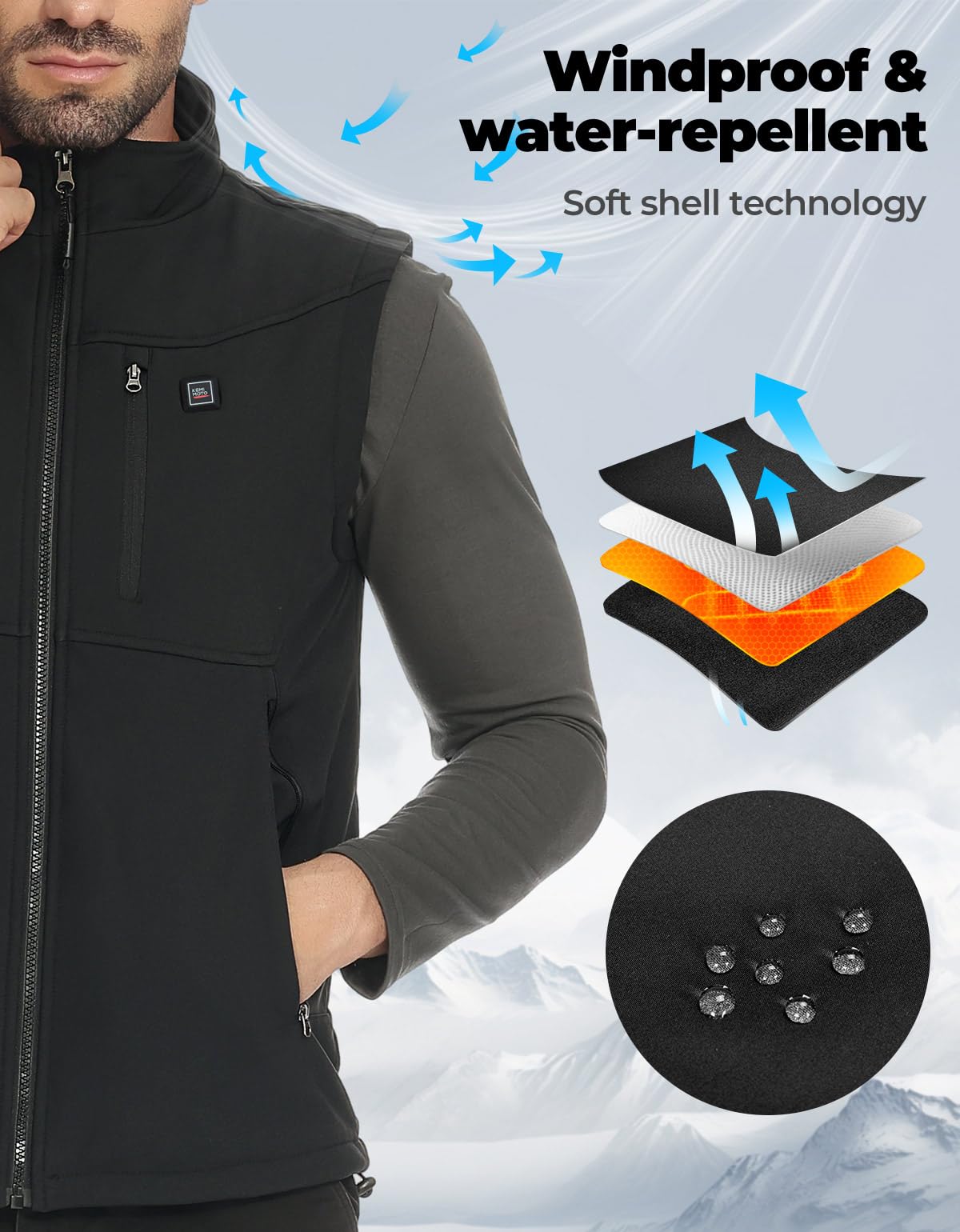 KEMIMOTO Gilet Riscaldato Uomo Donna, Antivento Gilet Riscaldato con Telecomando APP, Elettrico Giubbotti Riscaldati con Batteria da 10000 mAh per Sci Escursionismo Caccia Pesca Motociclismo