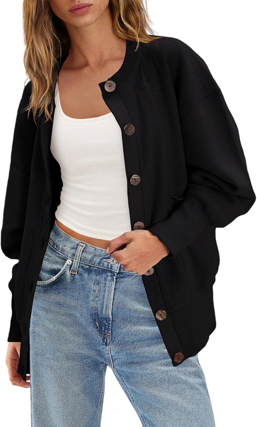 ReachMe Womens Fall Oversized Sweatshirt Cardigan Button up Lightweight Cardigan Long Sleeve Open Front Jacket with Pockets - Image 7