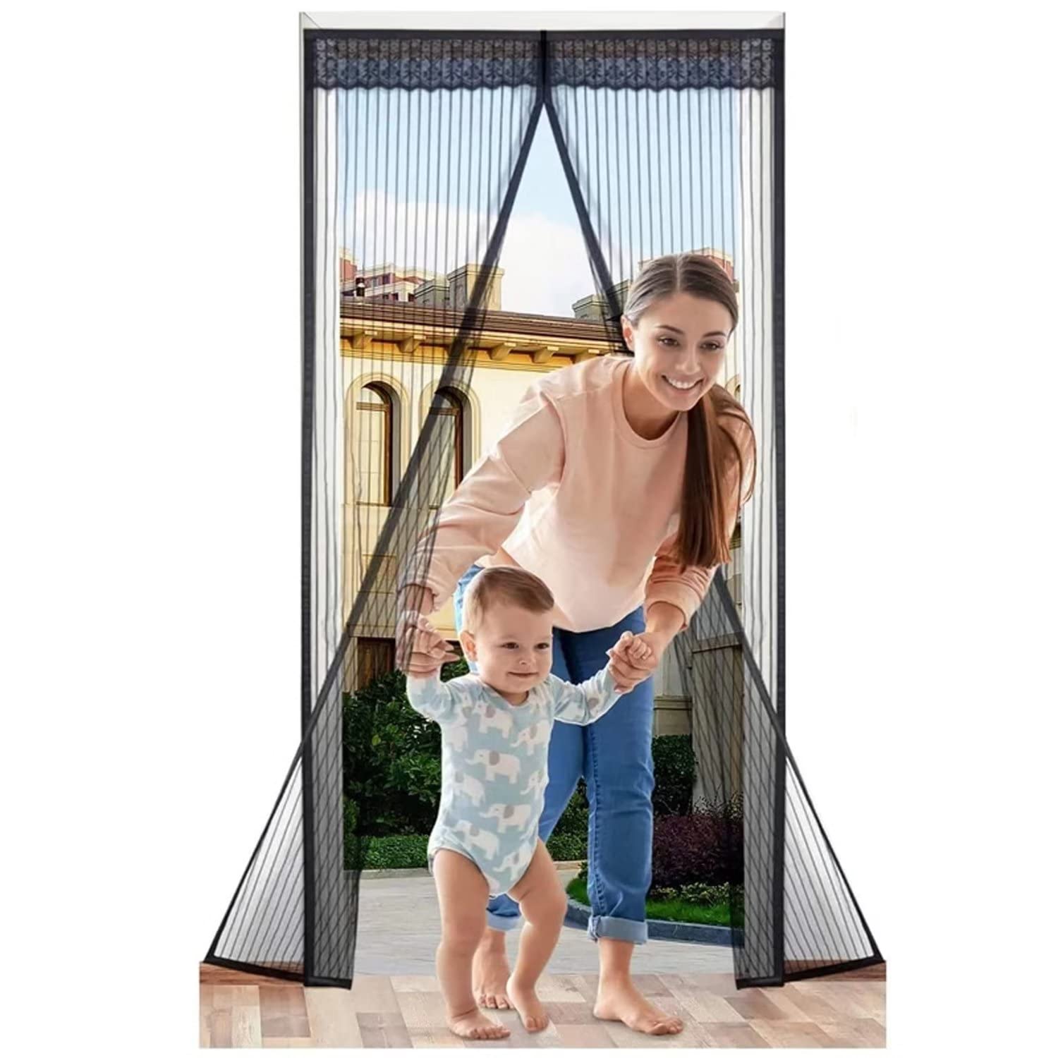 Magnetyczna zasłona przeciw owadom, 155 x 235 cm, do okien i drzwi, łatwa instalacja, czarna siatka, bariera przeciw owadom, do wnętrz, patio i drzwi przesuwnych