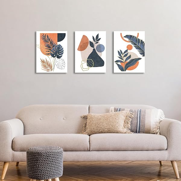 3Pcs Framed Boho Canvas Wall Art, Mid Century Blue Orange Geometric Abstract Plant Leaves Wall Art Modern Home Decor Poster Canvas Painting Wall Decor for Bedroom Living Room Ready to Hang 30x40cmx3 - 3