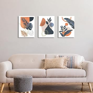 3Pcs Framed Boho Canvas Wall Art, Mid Century Blue Orange Geometric Abstract Plant Leaves Wall Art Modern Home Decor Poster Canvas Painting Wall Decor for Bedroom Living Room Ready to Hang 30x40cmx3