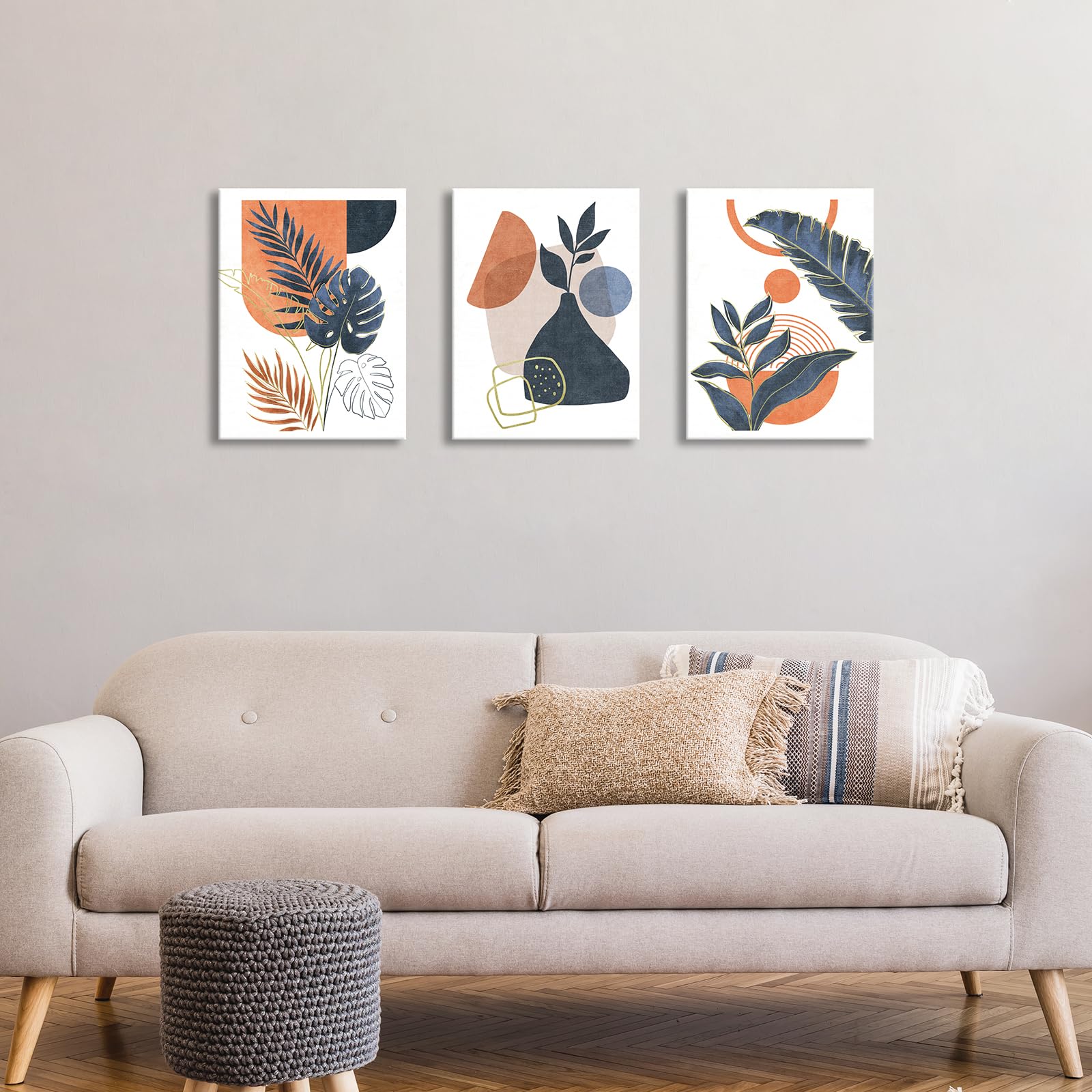 3Pcs Framed Boho Canvas Wall Art, Mid Century Blue Orange Geometric Abstract Plant Leaves Wall Art Modern Home Decor Poster Canvas Painting Wall Decor for Bedroom Living Room Ready to Hang 30x40cmx3 — view 3