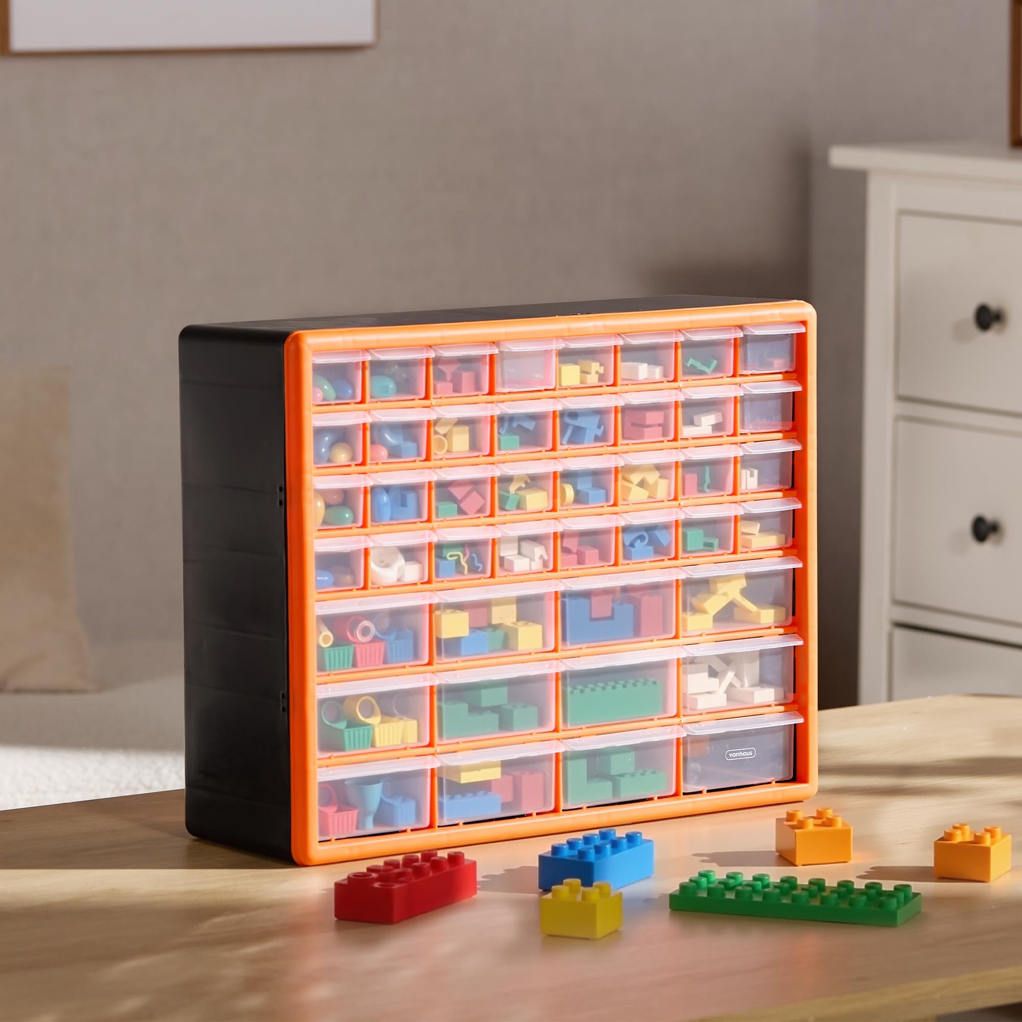 VonHaus 44 Multi Drawer Organiser for Small Parts - DIY Tool Bits, Fixings, Fishing Tackle, Crafts - Black/Orange