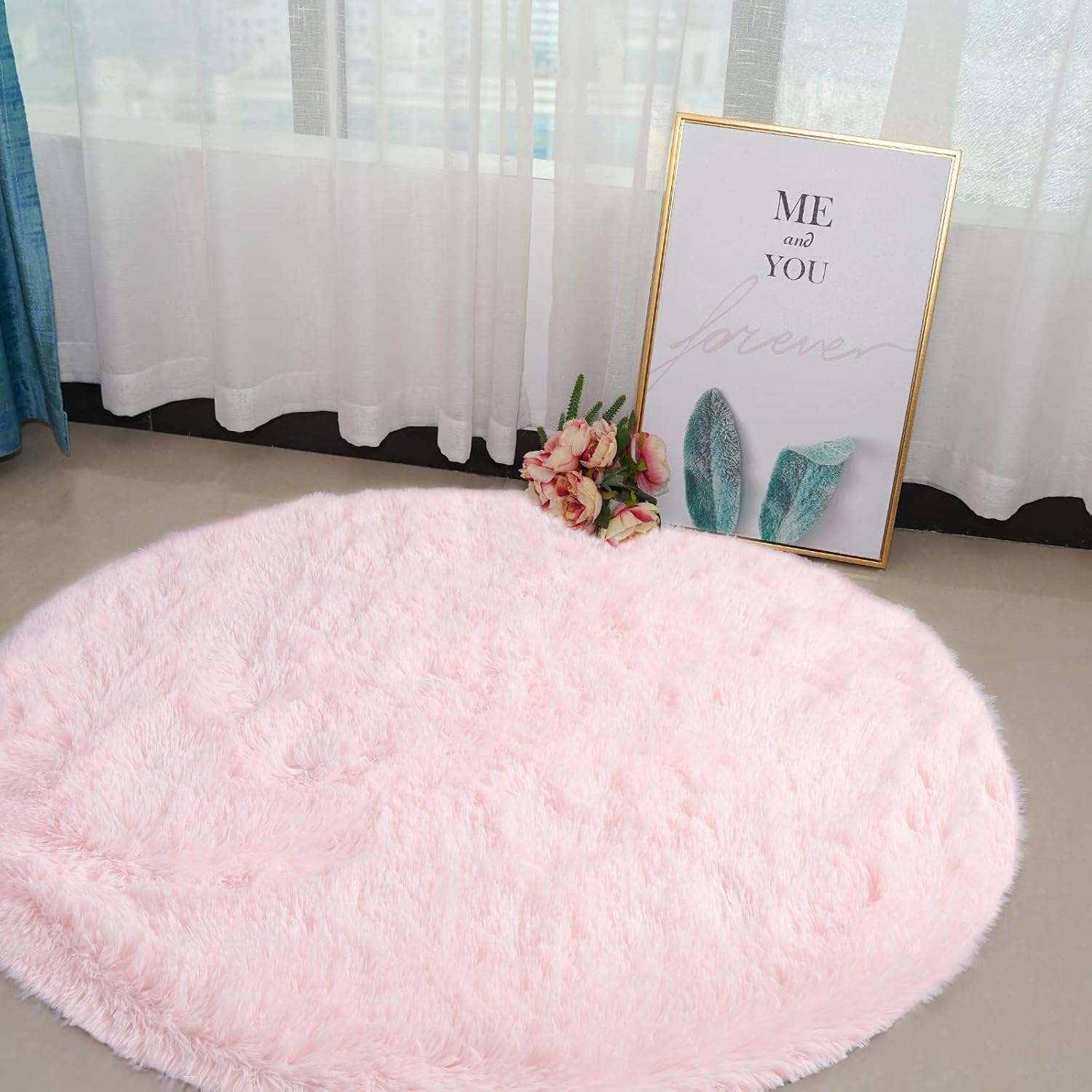 ConCusT Pink Round Rug for Girls Bedroom Shag Faux Fur Rug Pink Area